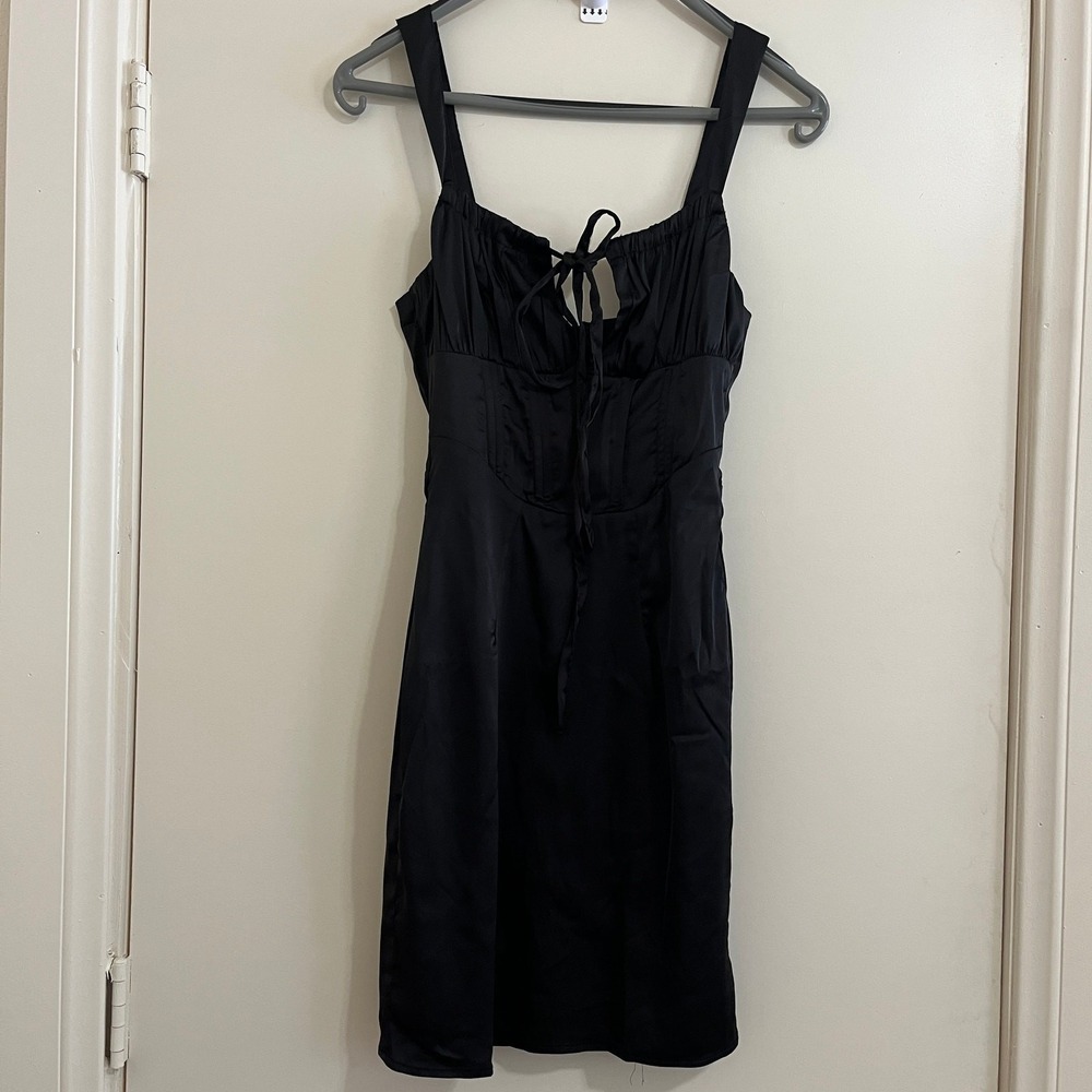 Blanc Satin Corset Mini Dress Small Black Tie Front Milkmaid Y2K Goth Coquette